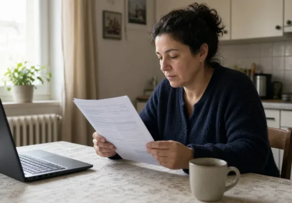 factura luz: persona revisa un recibo de electricidad y gas en casa junto a un portátil