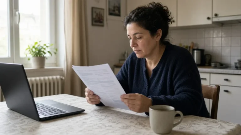 factura luz: persona revisa un recibo de electricidad y gas en casa junto a un portátil