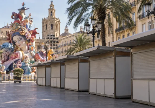 Recreación digital de las Fallas de València de 2027 y puestos de venta