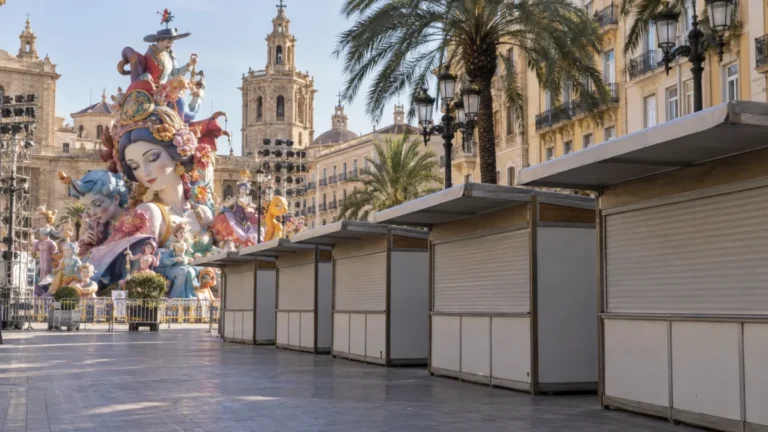 Recreación digital de las Fallas de València de 2027 y puestos de venta