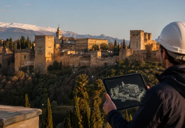 Especialista consulta el gemelo digital de la Alhambra frente al monumento