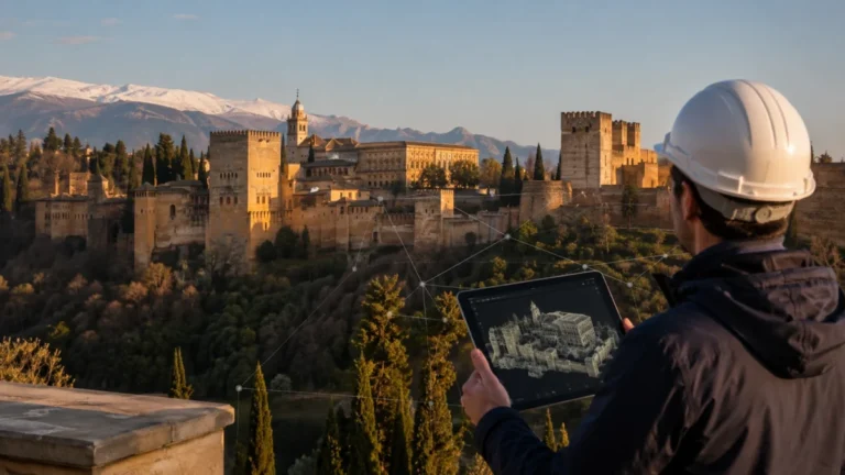 Especialista consulta el gemelo digital de la Alhambra frente al monumento