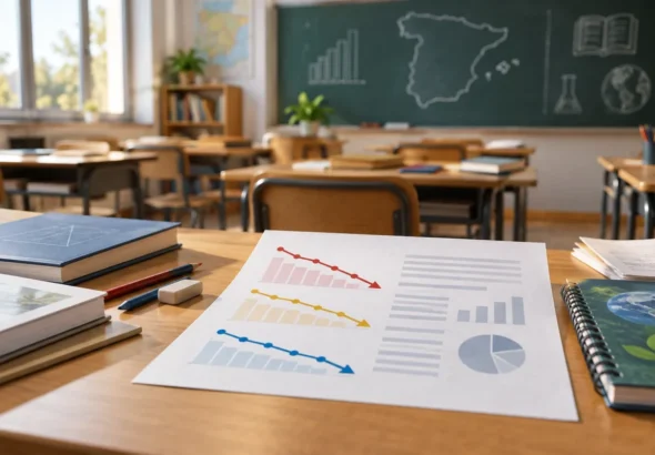 Informe PISA 2025 representado en un aula mediante gráficos descendentes y material escolar