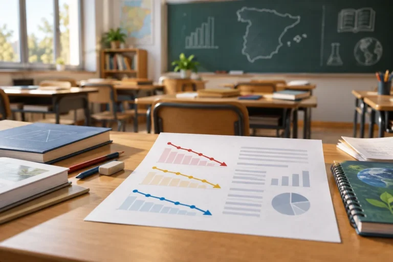 Informe PISA 2025 representado en un aula mediante gráficos descendentes y material escolar