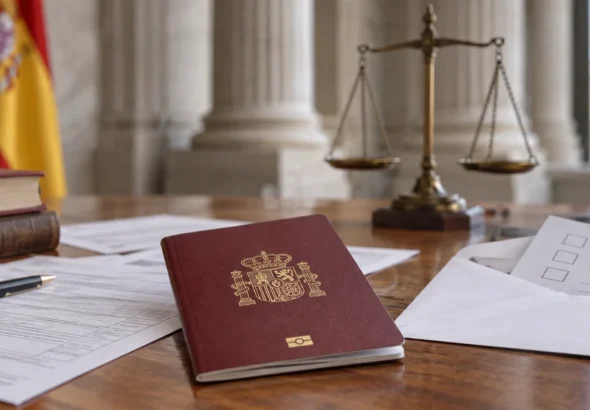 Ley de nietos representada con pasaporte, documentos consulares y una balanza de justicia