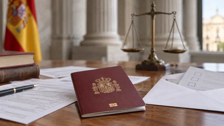 Ley de nietos representada con pasaporte, documentos consulares y una balanza de justicia