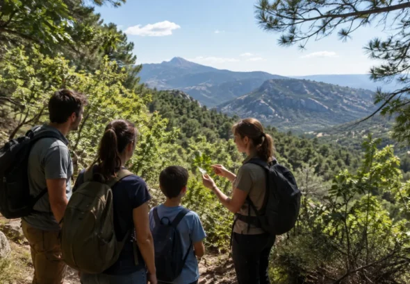 Recreación de una familia participando en rutas de naturaleza en la sierra de Madrid