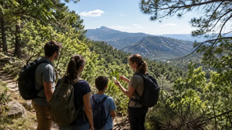 Recreación de una familia participando en rutas de naturaleza en la sierra de Madrid