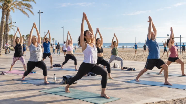 Semana Europea del Deporte en València: ciudadanía practica yoga en la playa