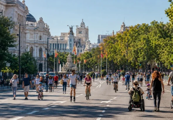 Semana europea de la movilidad con Peatones y ciclistas recorren el Paseo del Prado sin tráfico en Madrid