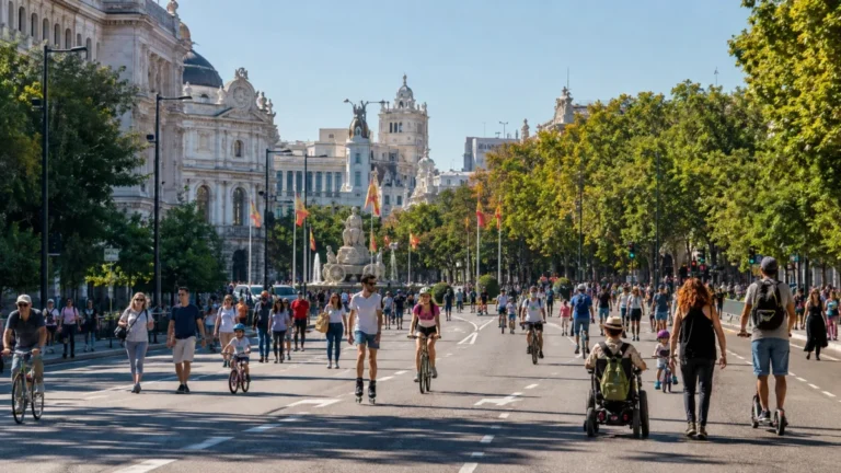 Semana europea de la movilidad con Peatones y ciclistas recorren el Paseo del Prado sin tráfico en Madrid