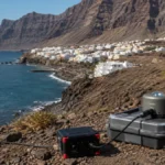 Varios terremotos en Agaete. Vista de una montaña en Canarias con un medidor sísmico. Recreación