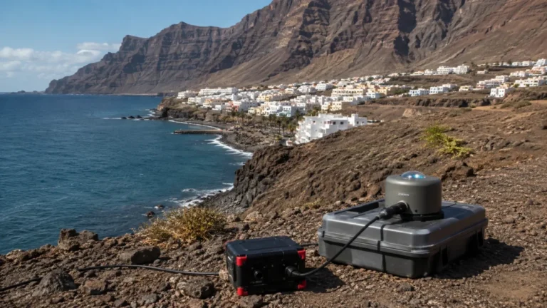 Varios terremotos en Agaete. Vista de una montaña en Canarias con un medidor sísmico. Recreación