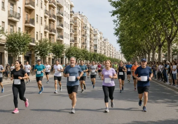 Volta a Peu: corredores amateurs en avenida urbana soleada de Valencia, edificios y árboles al fondo