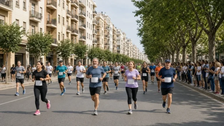 Volta a Peu: corredores amateurs en avenida urbana soleada de Valencia, edificios y árboles al fondo